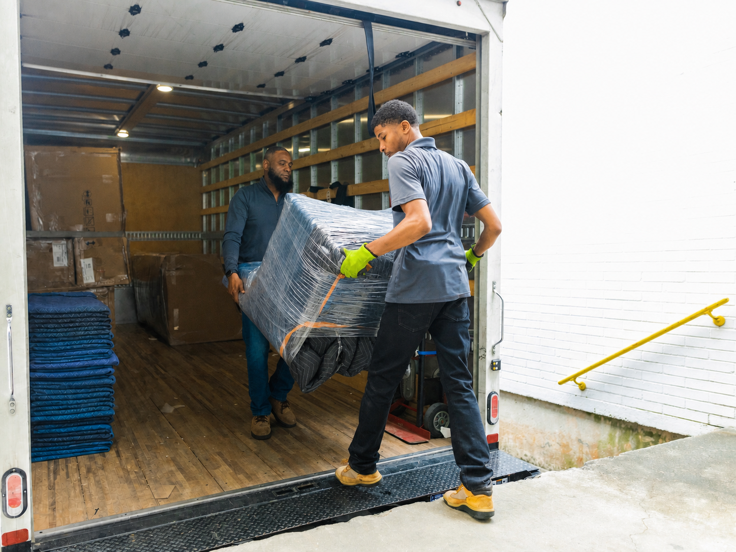 Two movers load a blanket wrapped chair into box truck.  A neat pile of blankets is shown on the left side of the image.